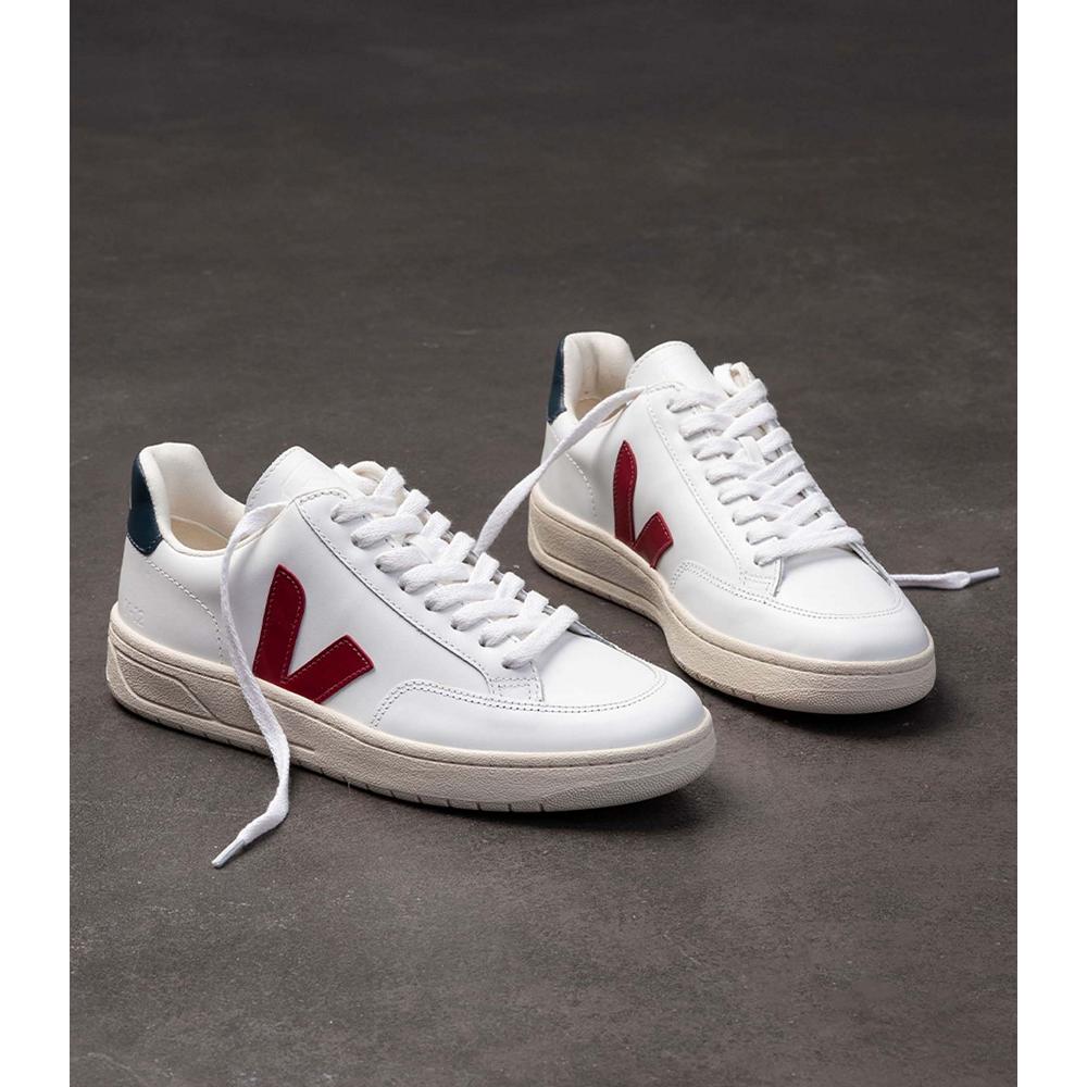 Veja V-12 LEATHER Men's Sneakers White/Red | CA 341PJJ